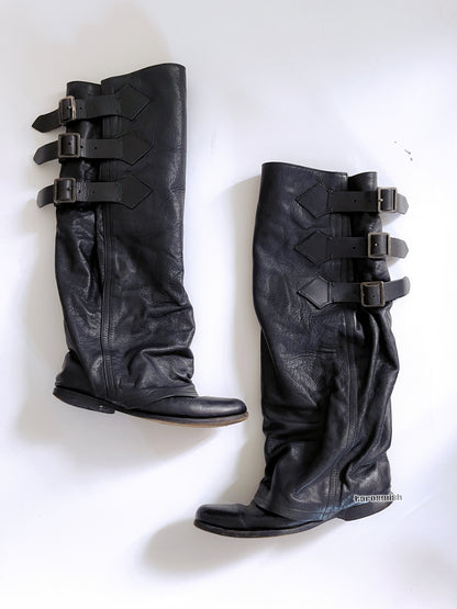 Vintage Genuine Leather Three Belts ZUCCa Slouchy Boots Biker Boots in Black RUNWAY RARE FIND