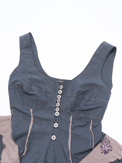 Multi buttons structure sleeveless top with mesh patchwork design