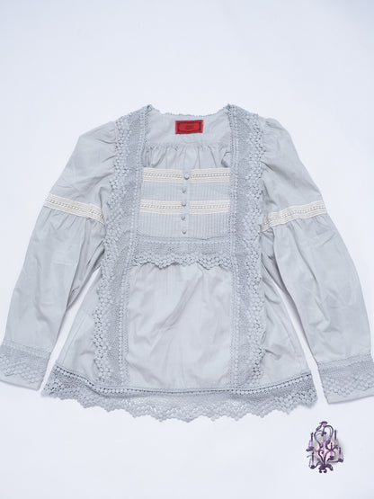 Somari Japan crochet lace trim button up long sleeves shirt