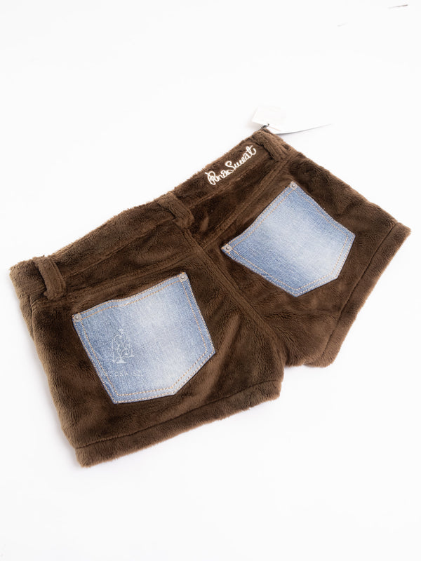 BROWN FAUX FUR SHORTS WITH DENIM POCKETS