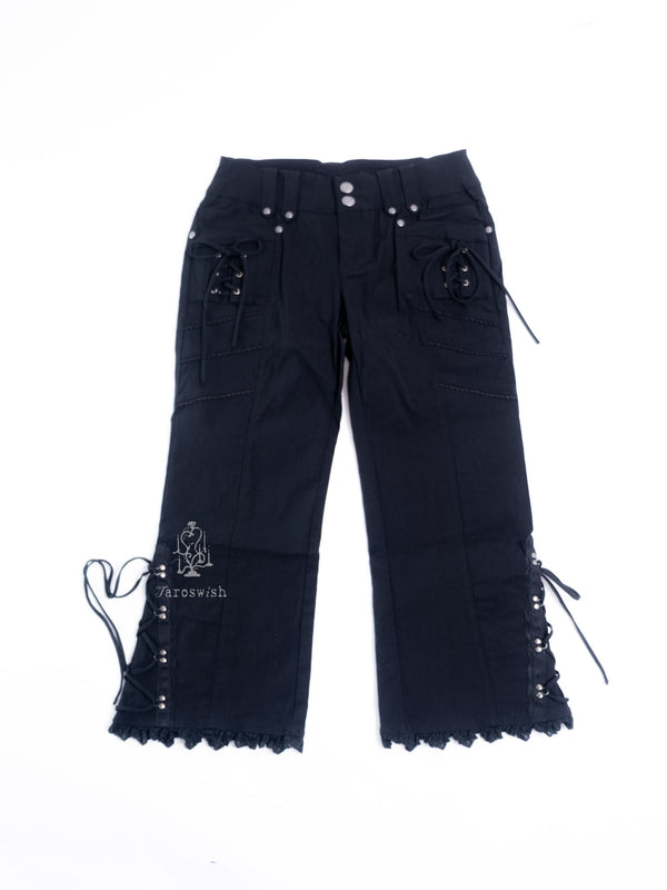 OZZ BLACK LACE-UP DETAIL PANTS WITH LACE HEM