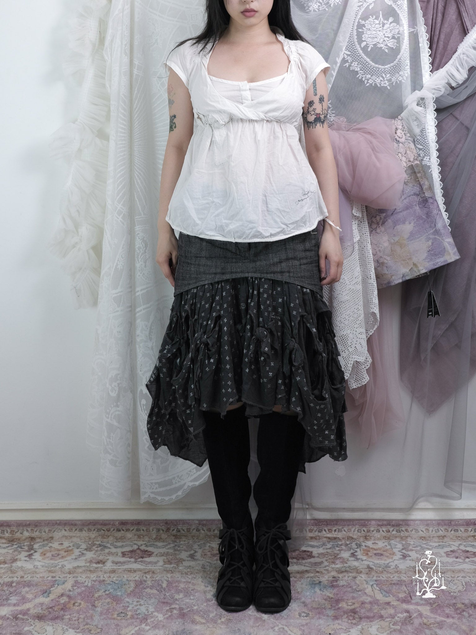 MARITHE+FRANCOIS GIRBAUD 変形スカート コットンリネン Vtg 1990's Marithe Francois Girbaud Extra High Waist Layered