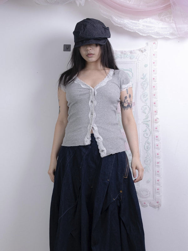 GREY RIBBED LACE TRIM TOP