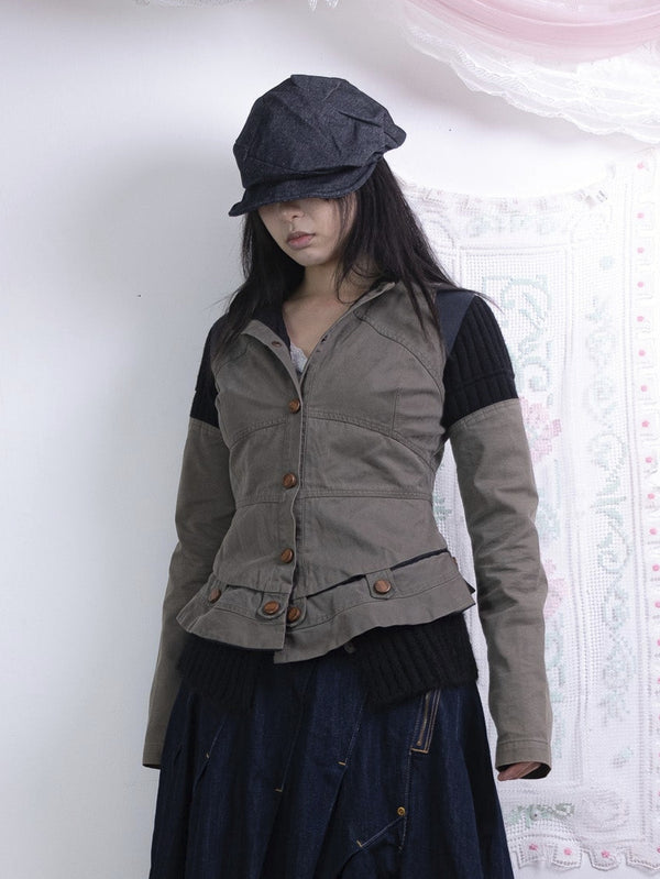 KHAKI MILITARY JACKET WITH KNIT PANEL DETAILS