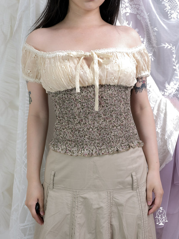 FLORAL SHIRRED CORSET BLOUSE