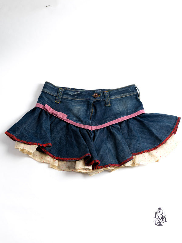 DENIM RUFFLE SKIRT WITH POLKA DOT LAYERS