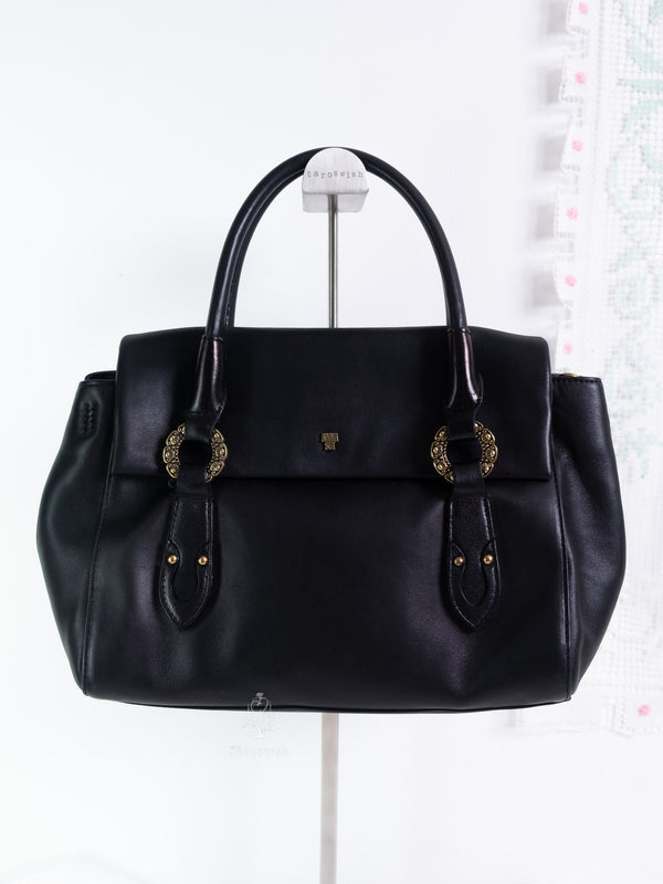 ANNA SUI BLACK LEATHER ORNATE BUCKLE DOCTOR HANDBAG