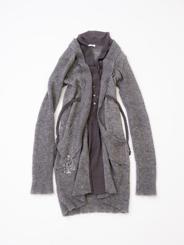 GREY DRAPED WOOL CARDIGAN