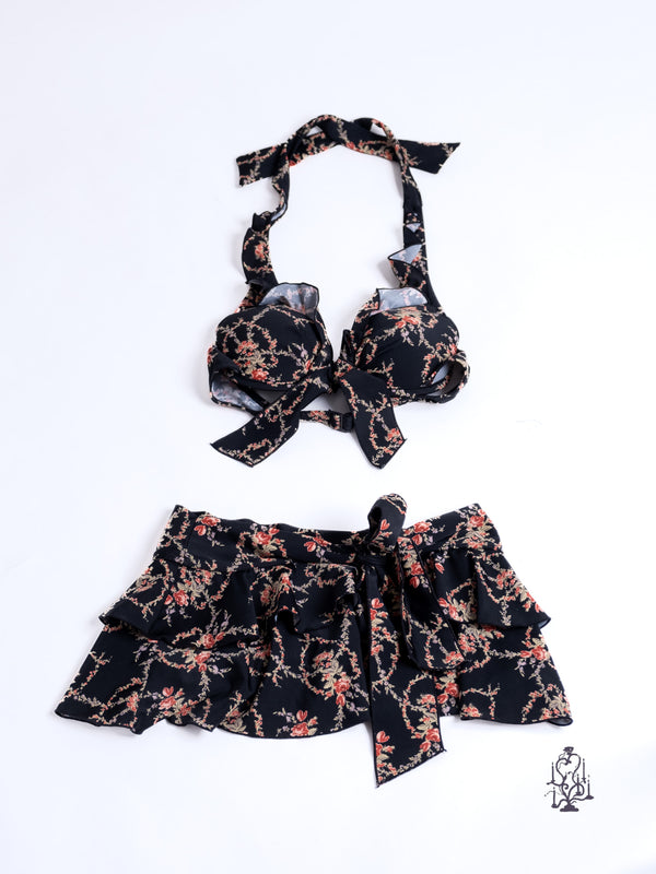 TRHEE-PIECE BLACK FLORAL BIKINI 3 PIECES SET