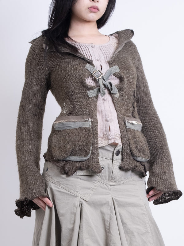 MOSS KNIT ZIP-POCKET RIBBON CARDIGAN