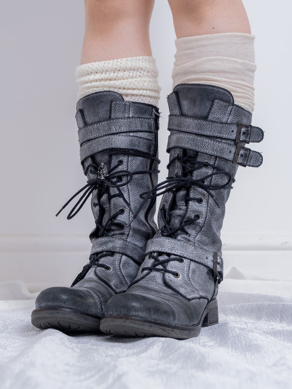 EU37 GREY DISTRESSED BUCKLE COMBAT BOOTS