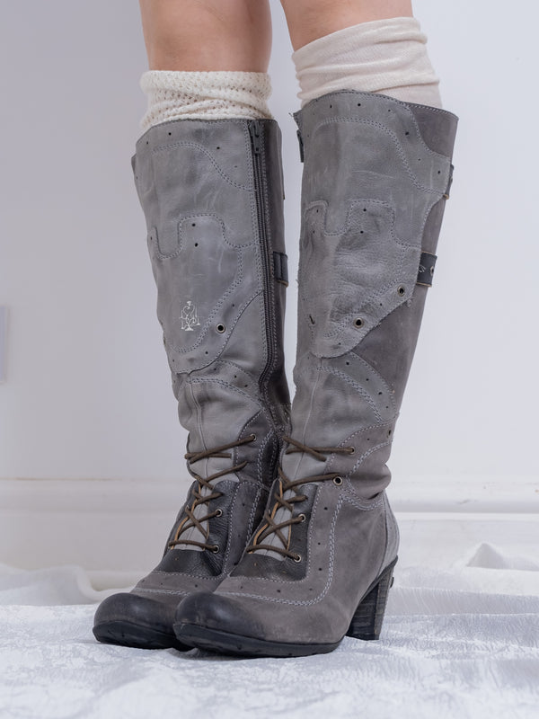 EU38 GREY PATCHWORK LACE-UP TALL BOOTS
