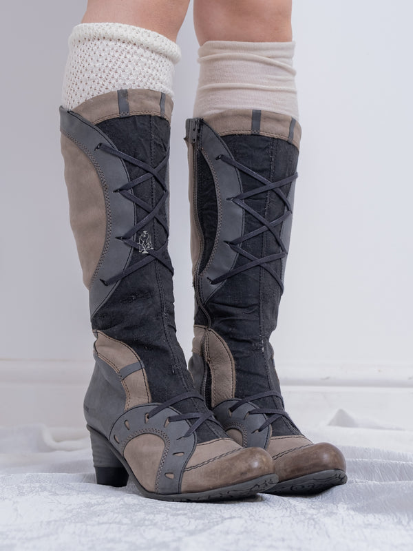 EU37 TWO-TONE PATCHWORK LACE-UP MID CALF BOOTS