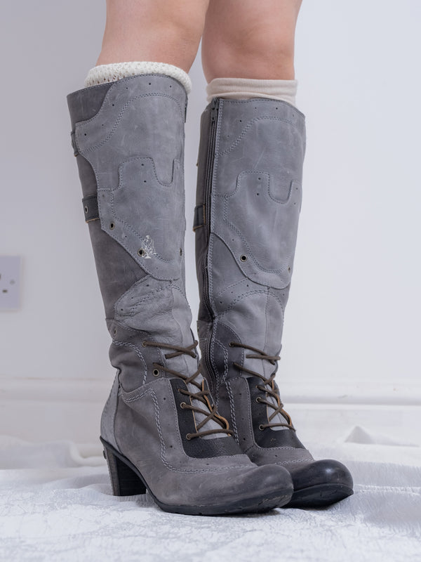 EU39 GREY PATCHWORK LACE-UP TALL BOOTS