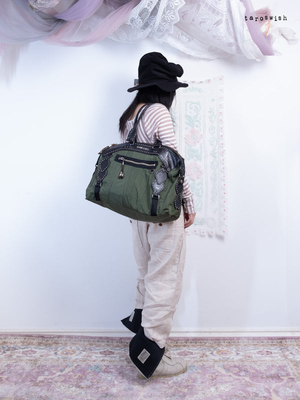 DIESEL STUDDED NYLON & COW LEATHER TOTE