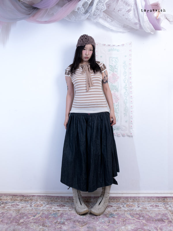 2 WAYS STRIPED BEADED TIE-NECK TOP