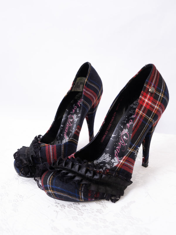 EU39 TARTAN RUFFLE BOW HIGH HEELS