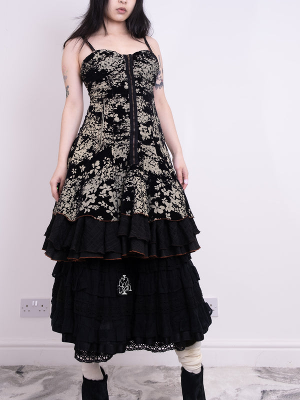 BLACK & OLIVE FLORAL VELVET CORSET DRESS