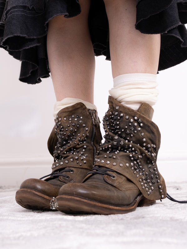 EU38 AS98 DISTRESSED STUDDED LEATHER ANKLE BOOTS