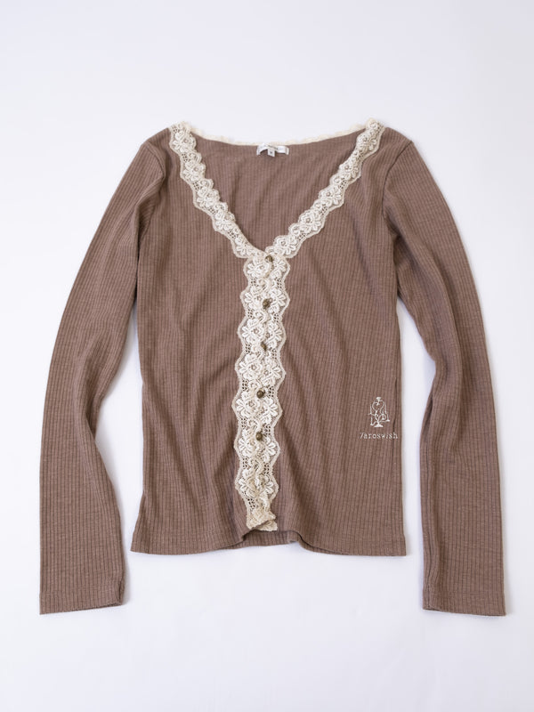 Brown ribbed long-sleeve top with cream lace trim along the neckline and front placket.