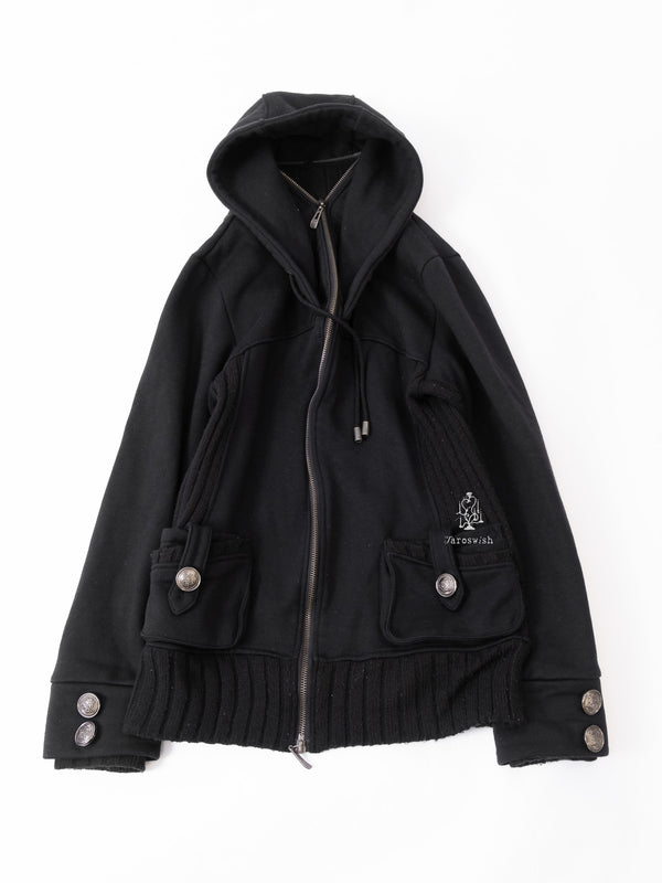 Black hooded zip-up jacket with buttoned cuffs and pocket flaps.