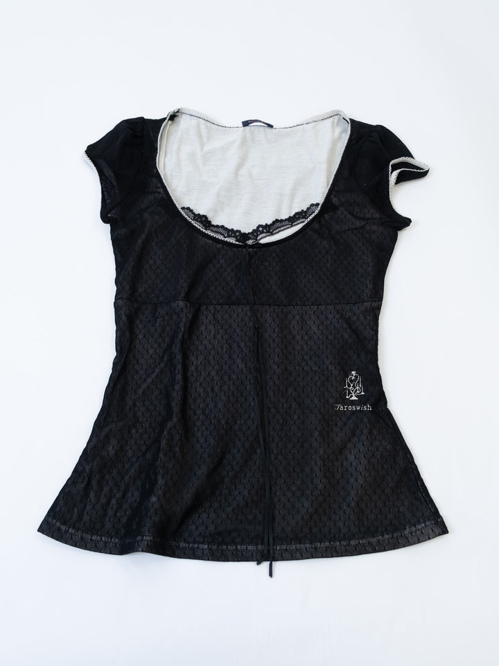 Black mesh top with scoop neckline and white lining.