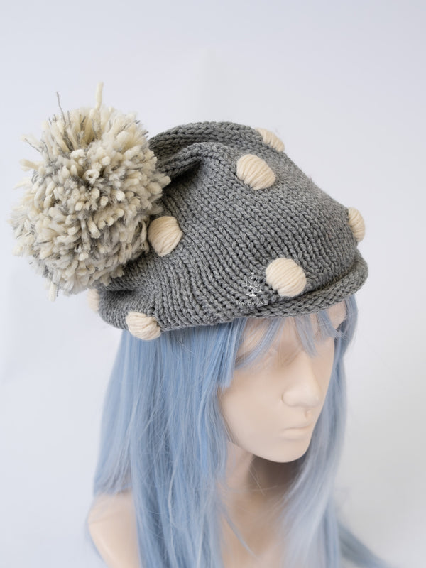 GREY KNIT POM-POM HAT WITH DOT DETAILS