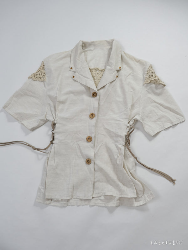 LACE PANEL COTTON TIE WAIST BLOUSE