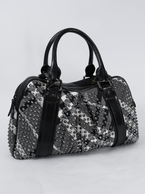 BURBERRY STUDDED CHECK LEATHER BOSTON BAG