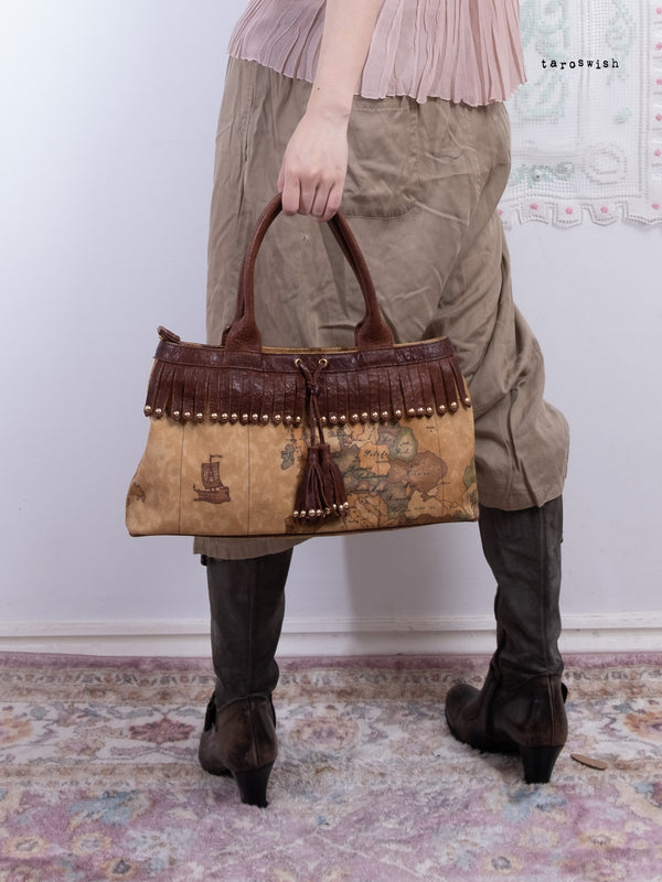 ALVIRO MARTIN REAL LEATHER MAP PRINT LEATHER FRINGE BAG