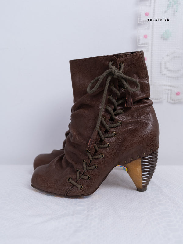 EU41 BROWN REAL LEATHER LACE-UP ANKLE BOOTS