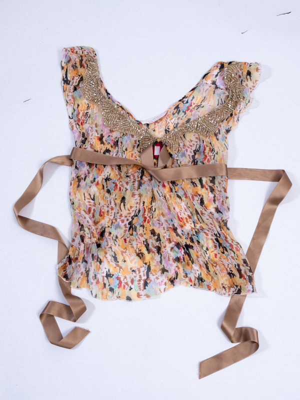 MULTICOLOR FLORAL SHEER BEADED TOP