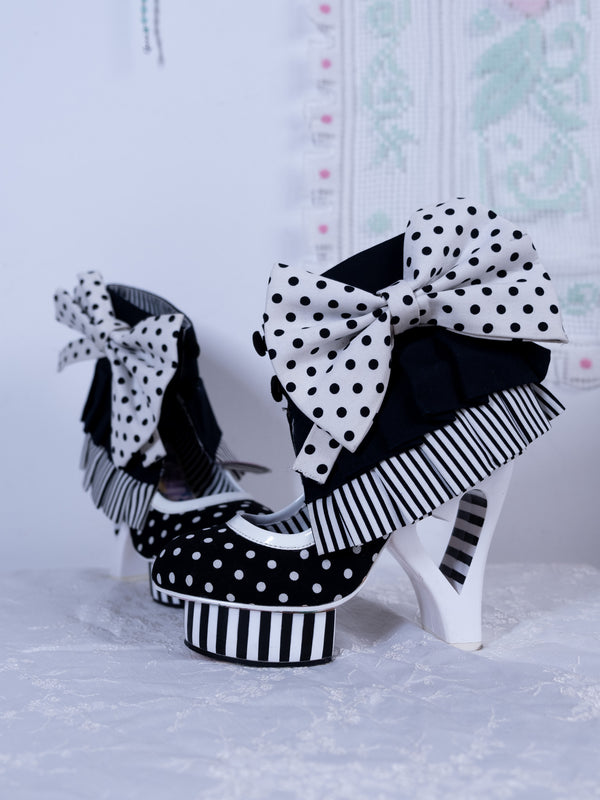 IRREGULAR CHOICE EU38 BLACK AND WHITE POLKA DOT BOW HEELS