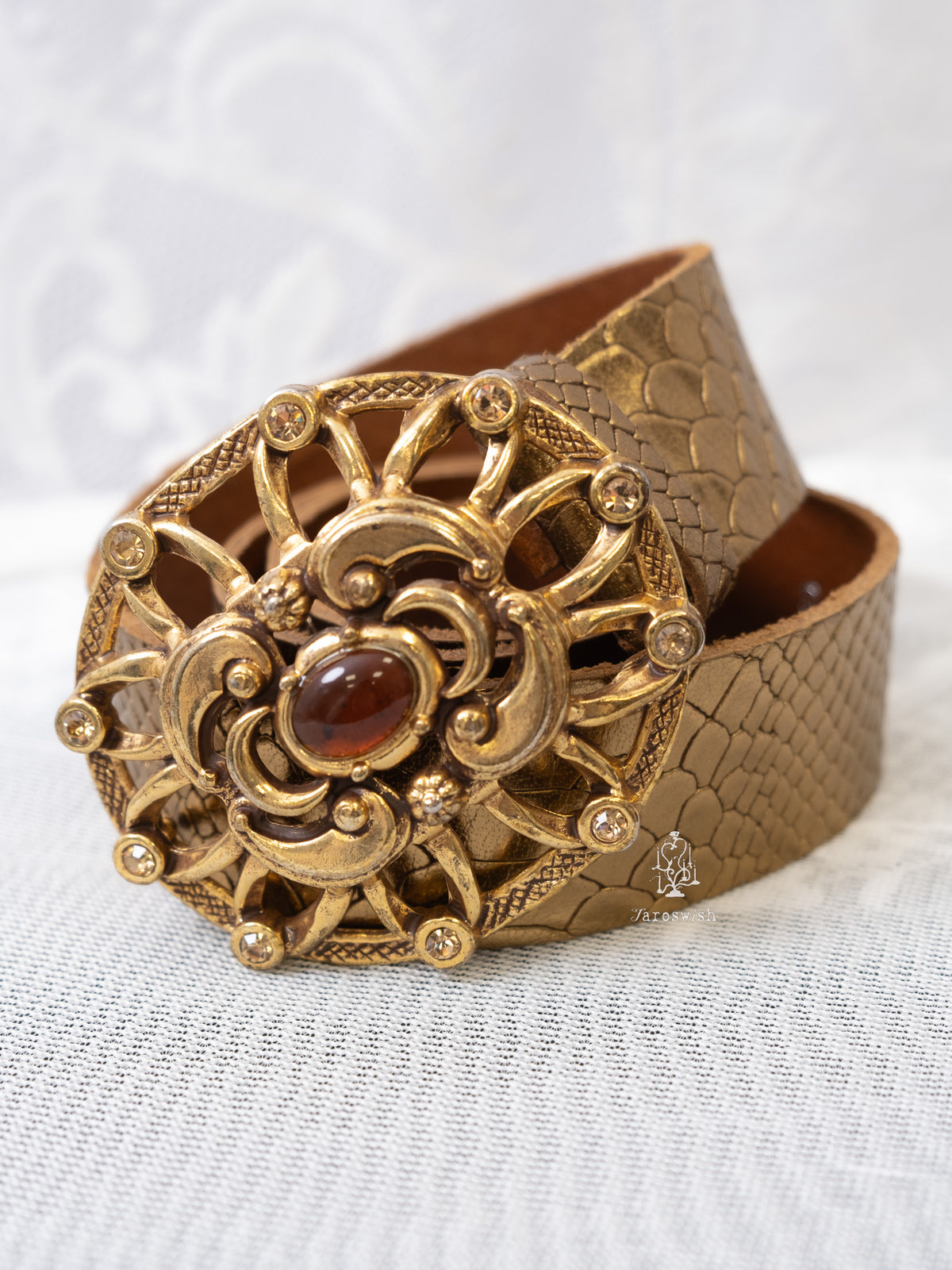 Baroque Ornate Gem Buckle Leather Belt – Taro