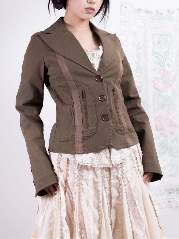 BROWN FITTED BLAZER WITH CONTRAST PANELS