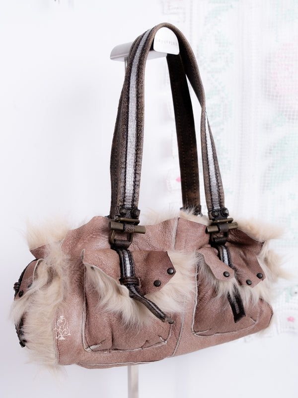 EPOCA RABBIT FUR REAL LEATHER SHOULDER BAG