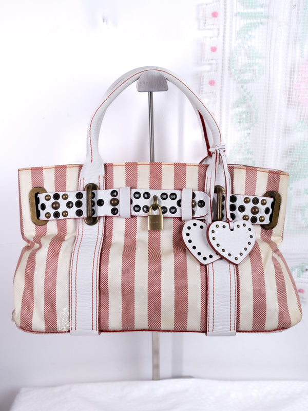 LUELLA REAL LEATHER RED STRIPED STUDDED TOTE BAG