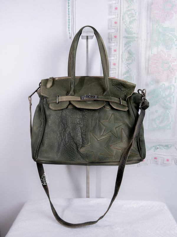OLIVE GREEN STAR EMBOSSED LEATHER BAG