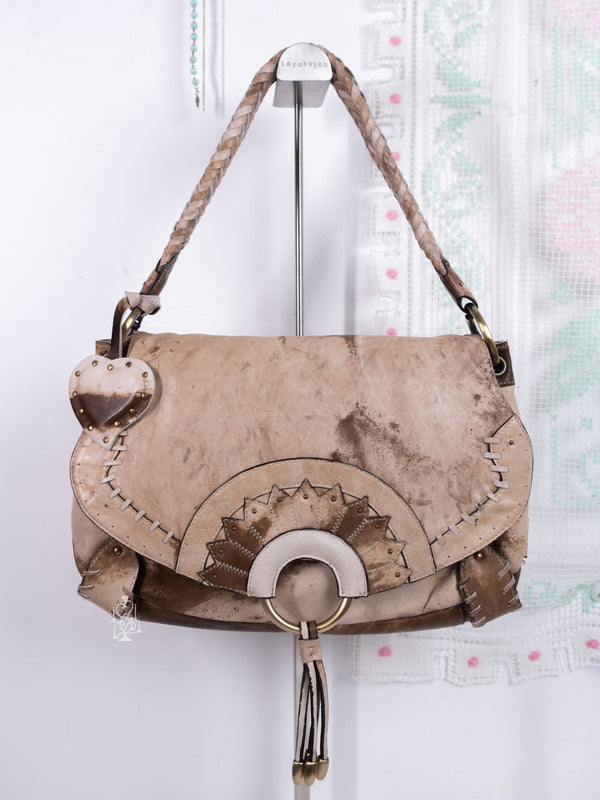 TAN LEATHER PATCHWORK SHOULDER BAG