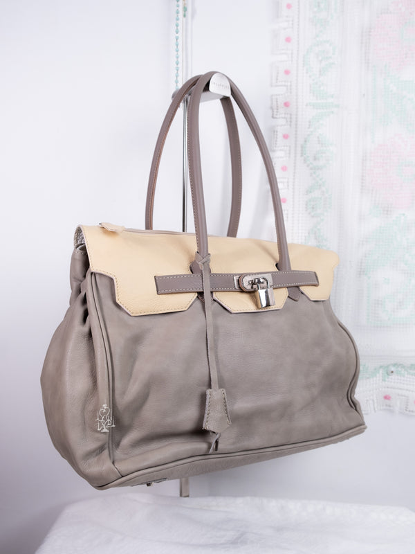 TWO-TONE GREY STRUCTURED REAL LEATHER TOTE