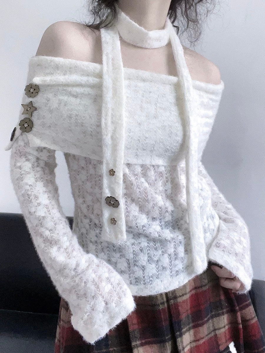 OMOIDAS Off Shoulder Long Sleeves Top in Adorable Star and Flower Shaped Buttons with Matched Scarf