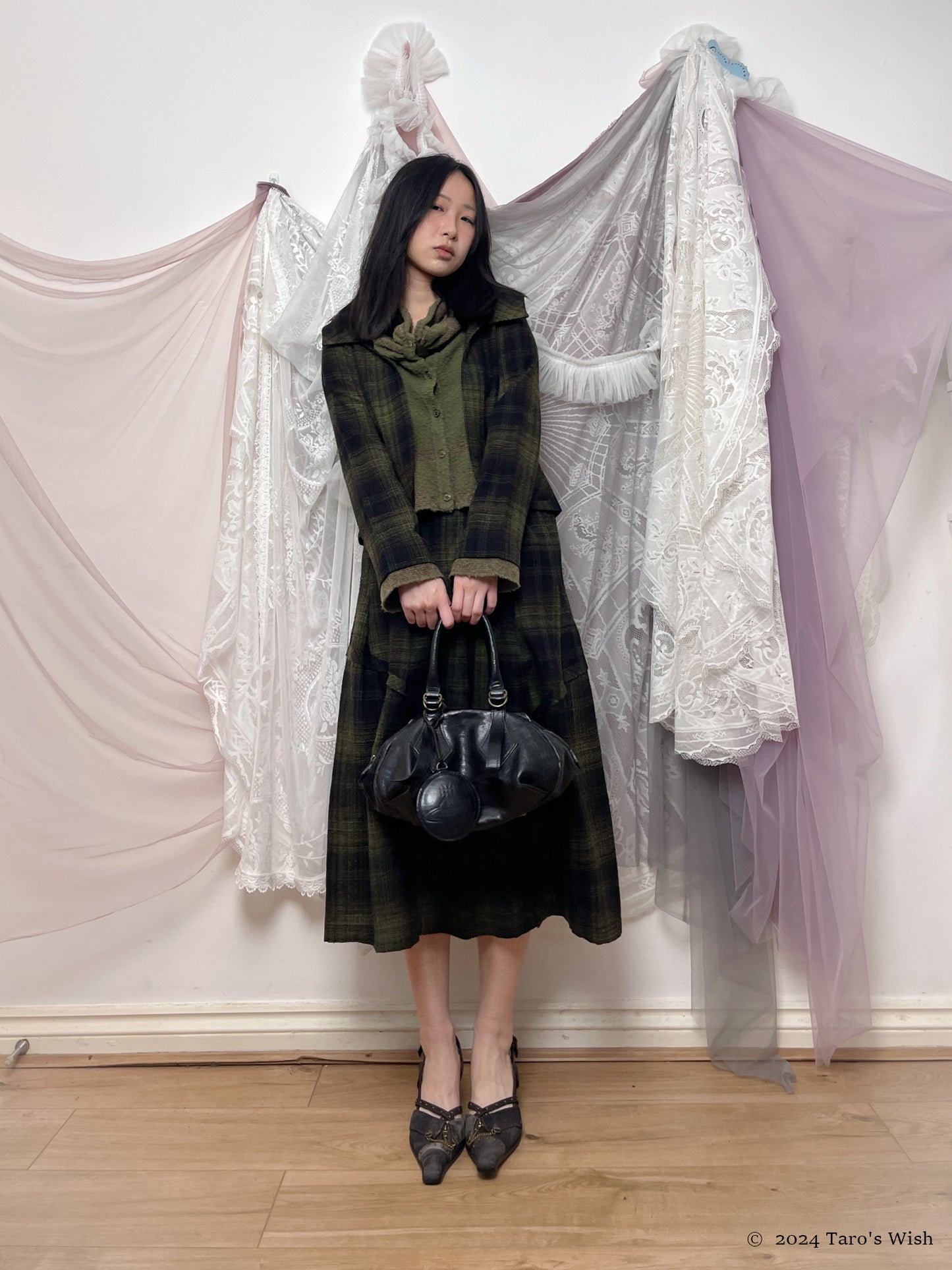 dark green jacket and maxi skirt set, japanese label senso unico