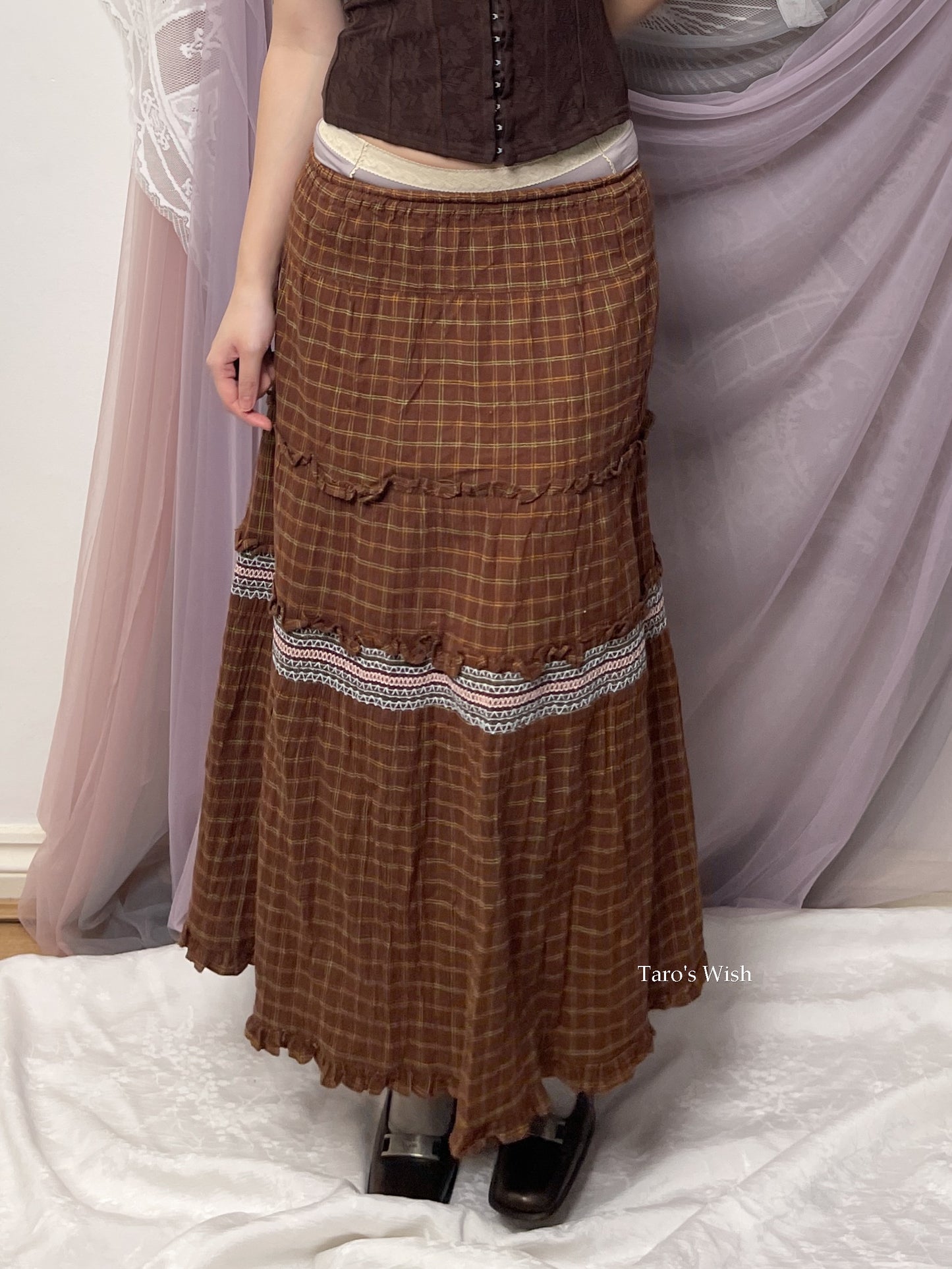 Blanc Panier Ruffle Checked Trim Maxi Skirt