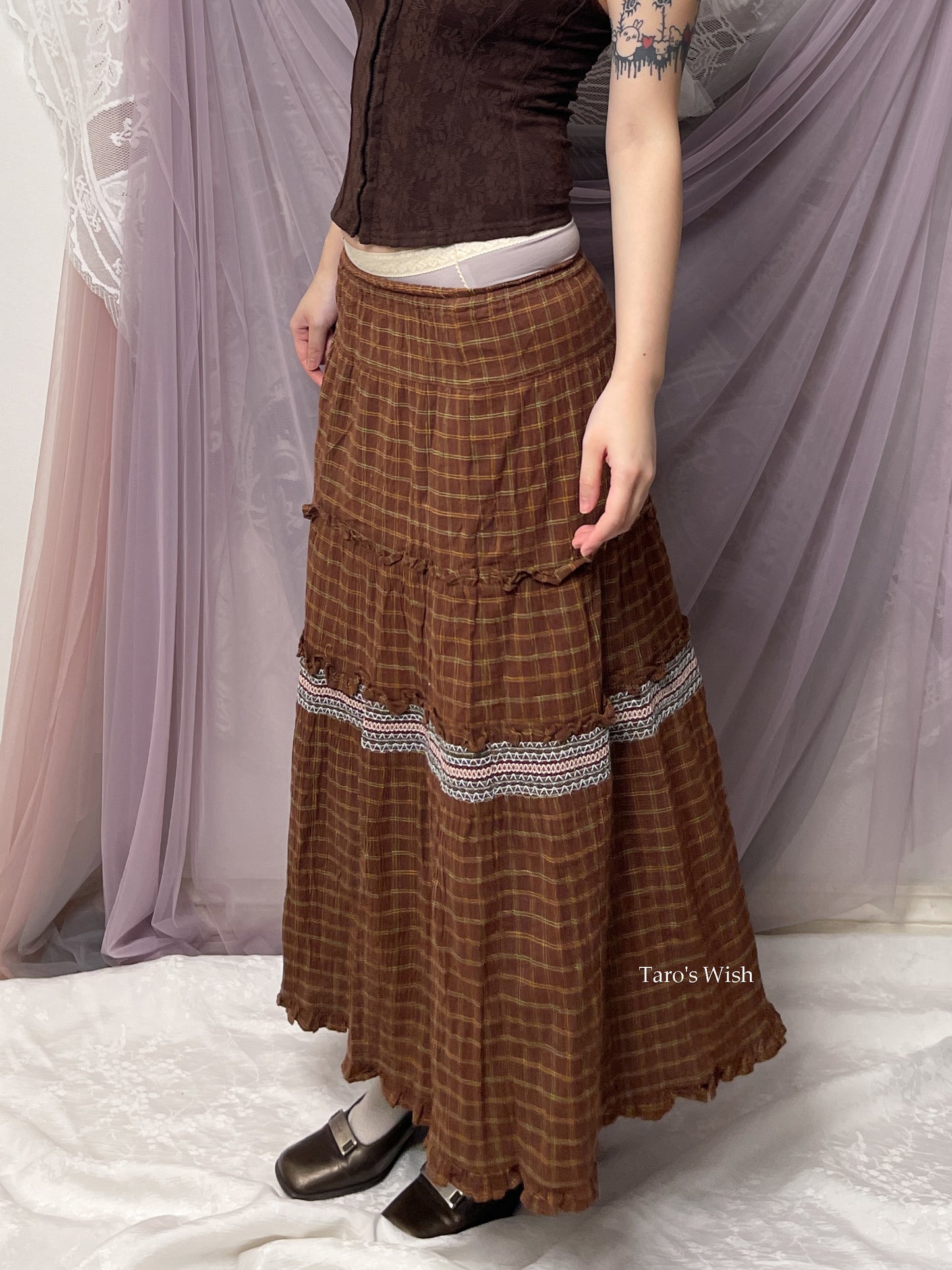 Blanc Panier Ruffle Checked Trim Maxi Skirt