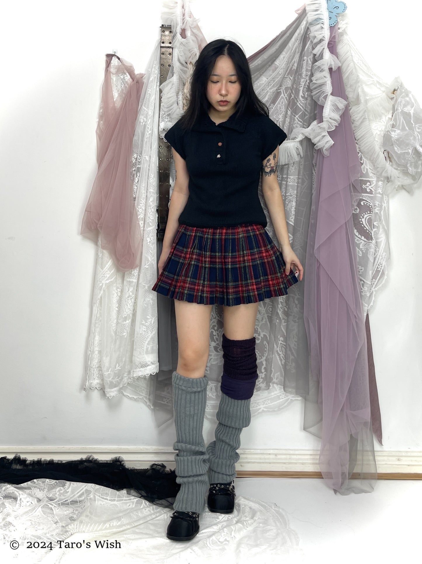 tartan wool pleated midi skirt, japanese label