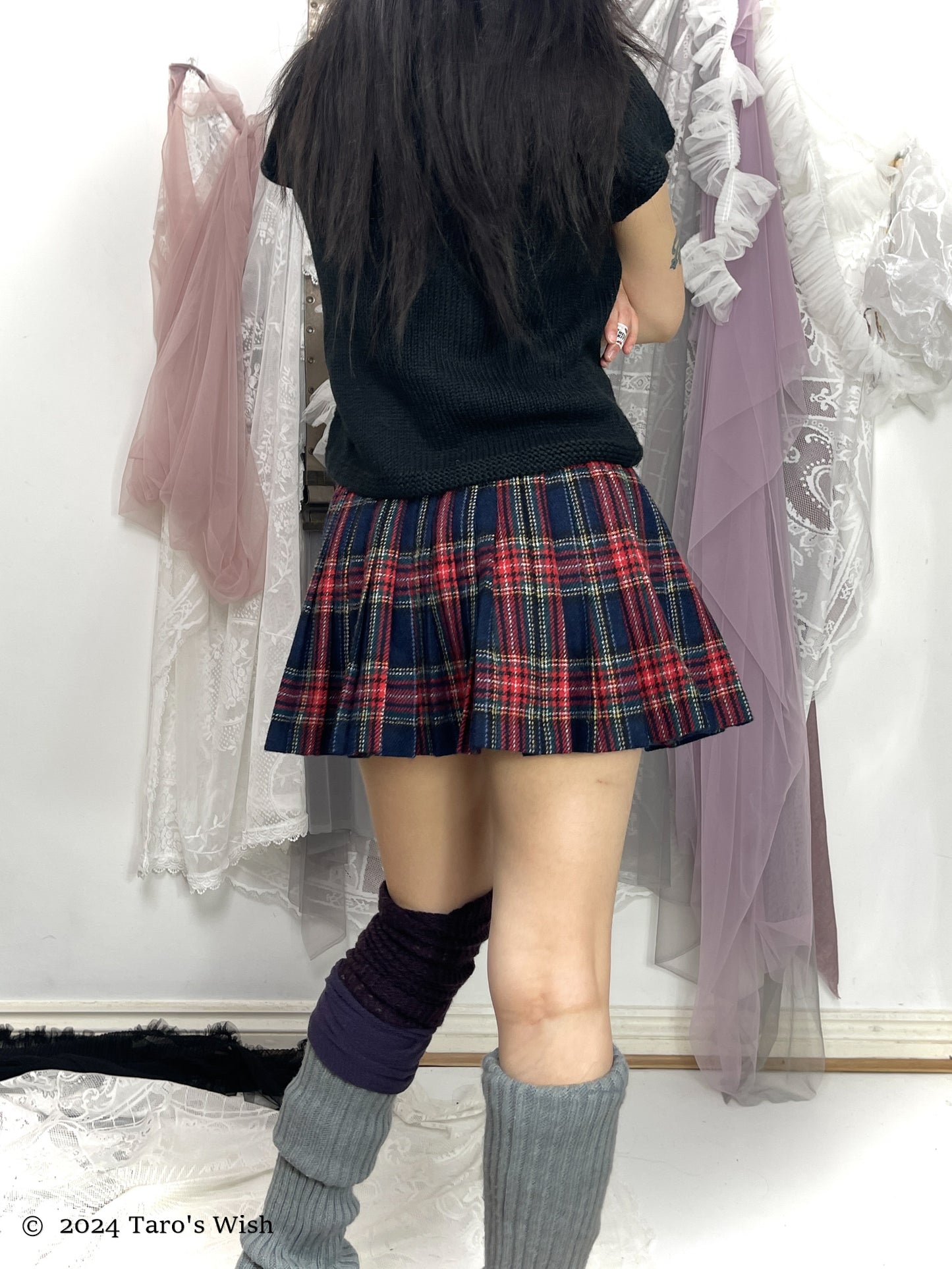 tartan wool pleated midi skirt, japanese label