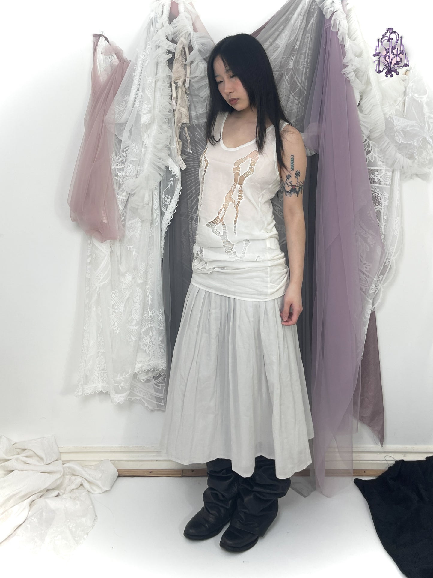 hollow lace pattern long tank top, japanese label three hundred thirty days