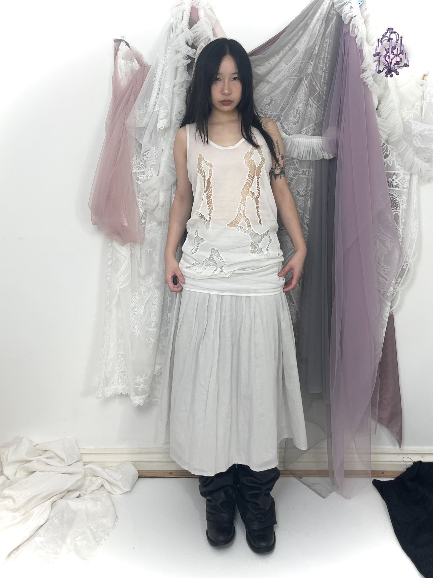 hollow lace pattern long tank top, japanese label three hundred thirty days