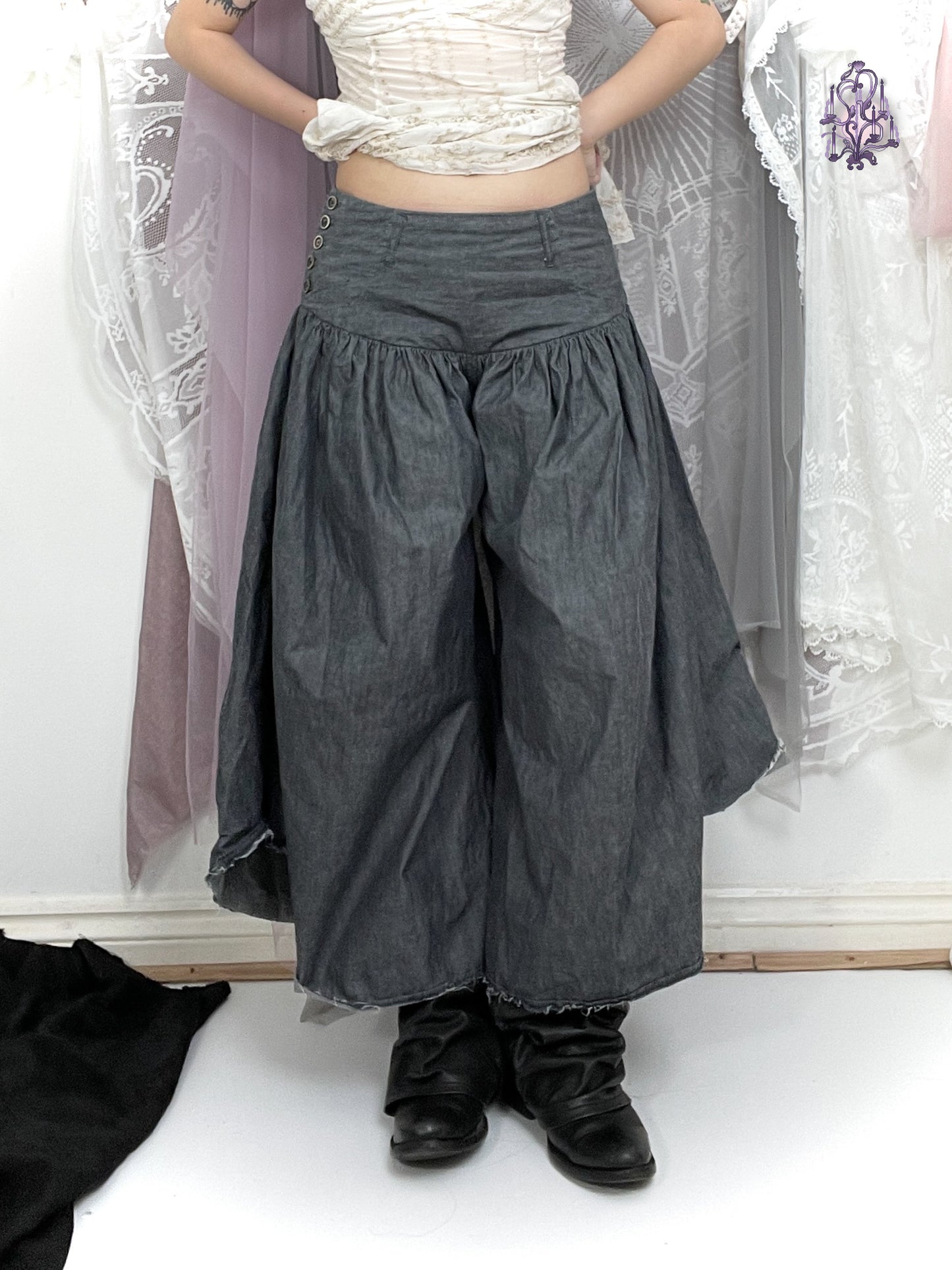 side buttons up wide pants, japanese label kapital