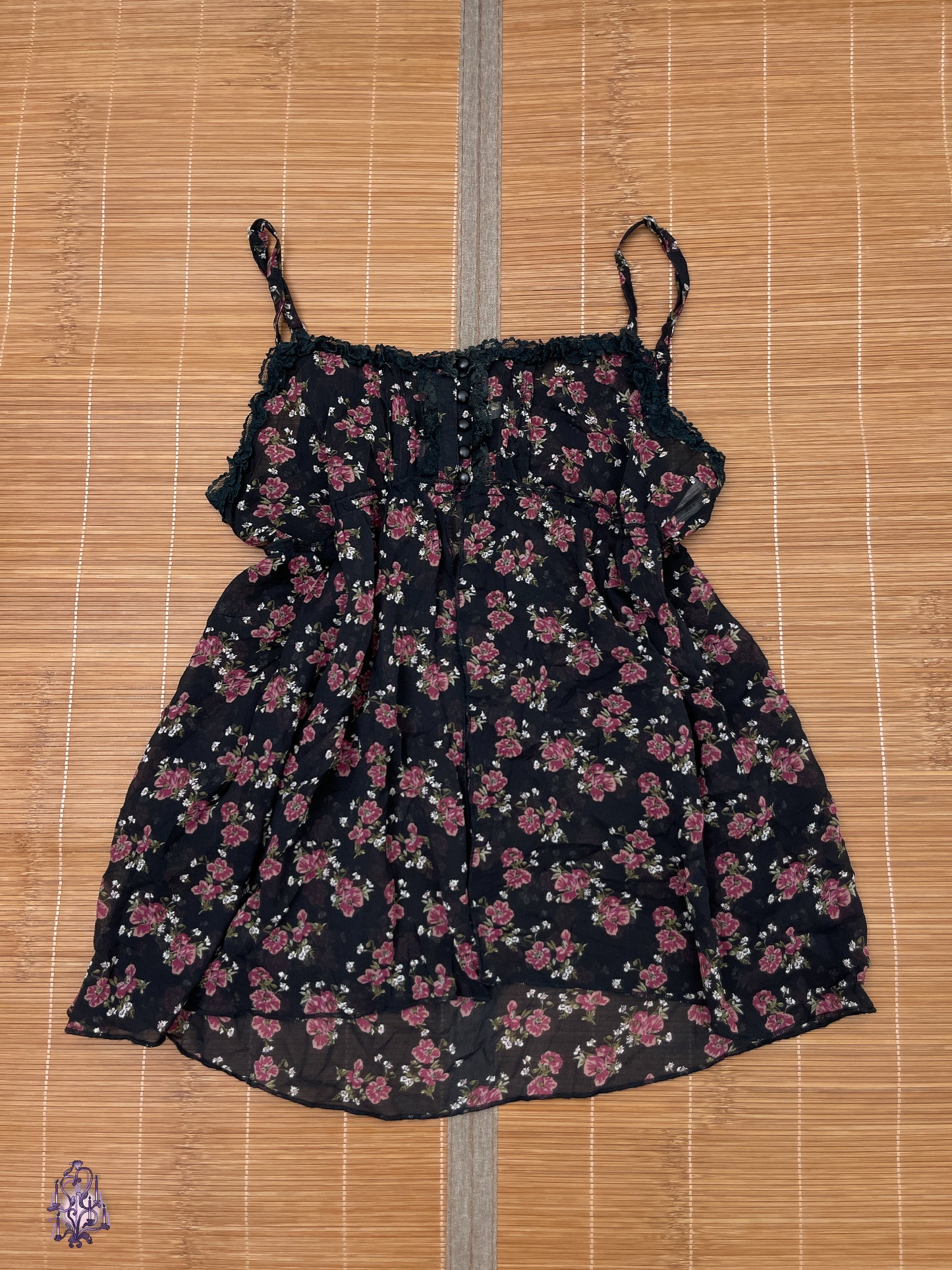 Black floral print button up sheer camisole